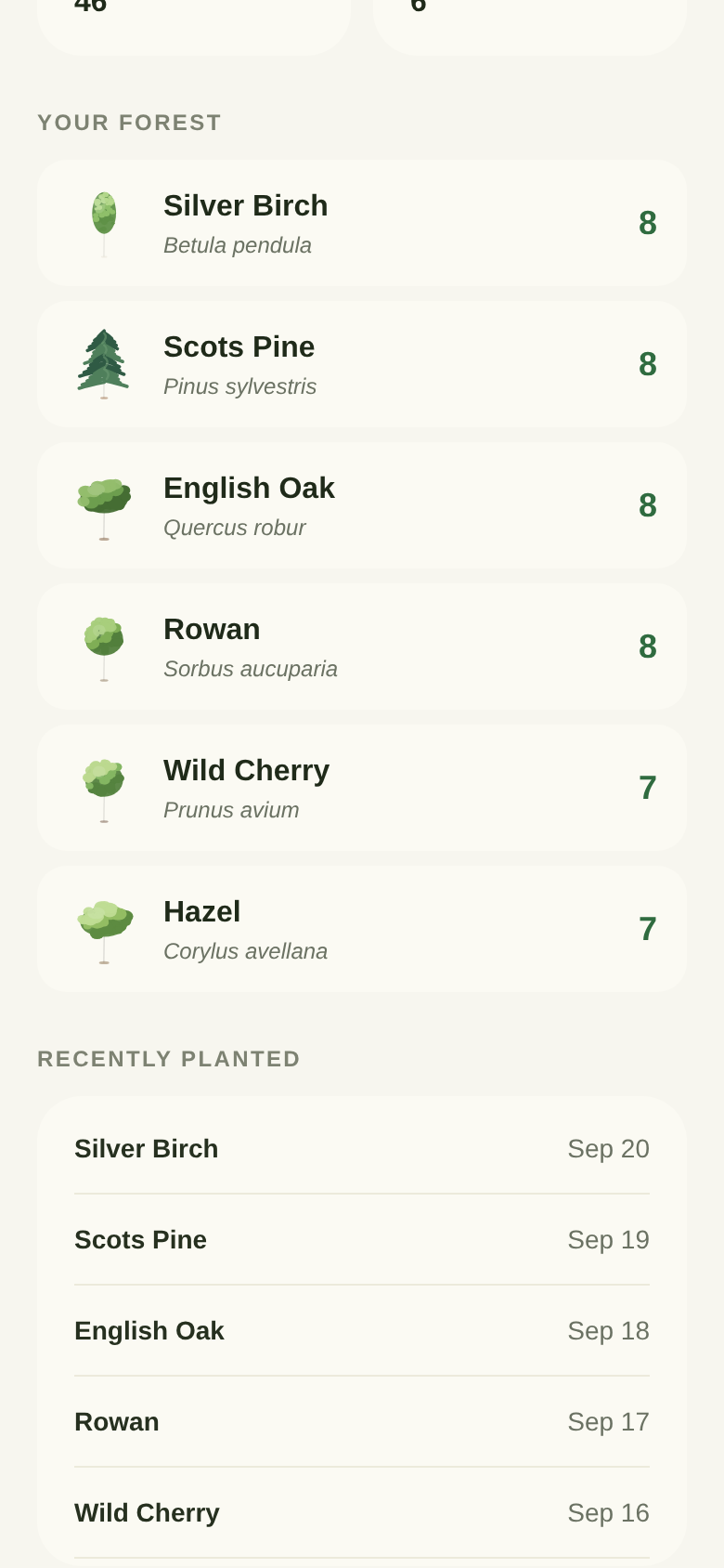 The Reforest profile showing your forest and species mix