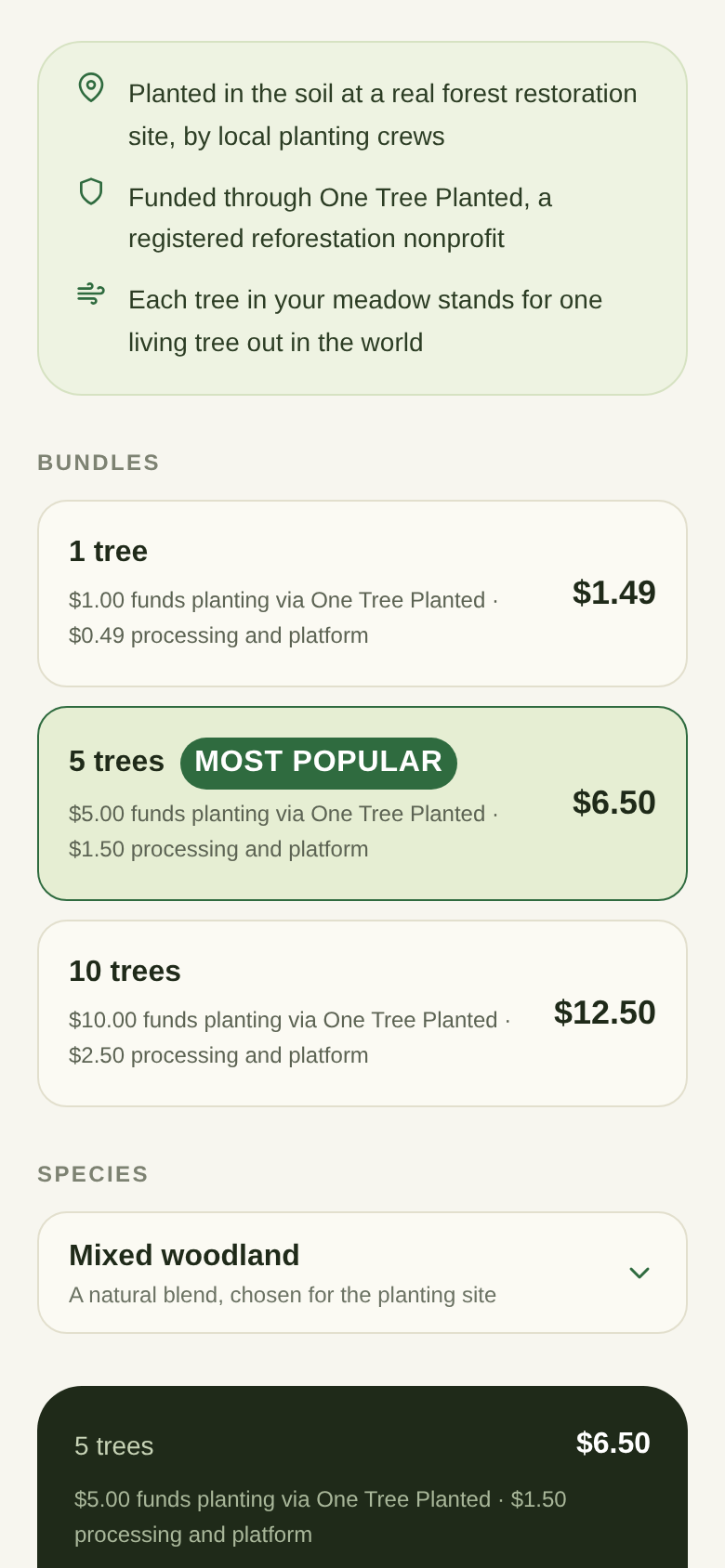 Choosing a tree bundle in Reforest, with the price split shown
